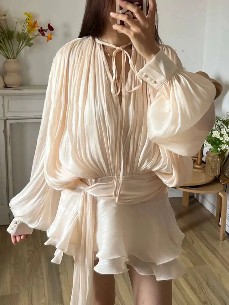 TWOTWINSTYLE Solid Blouse Mini Dresses For Women V Neck Long Sleeve Spliced Lace Up.