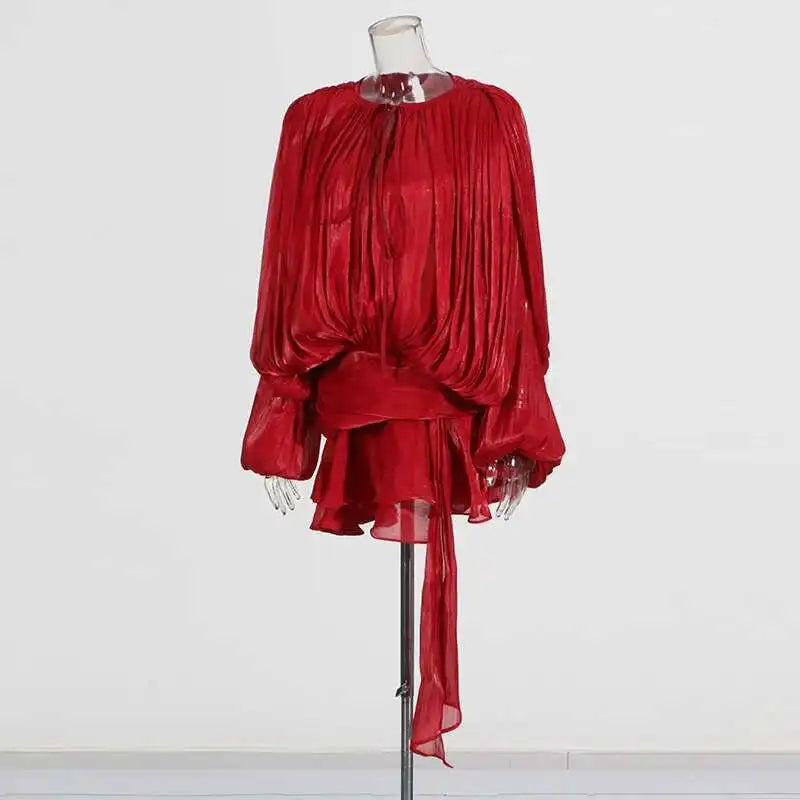 TWOTWINSTYLE Solid Blouse Mini Dresses For Women V Neck Long Sleeve Spliced Lace Up.
