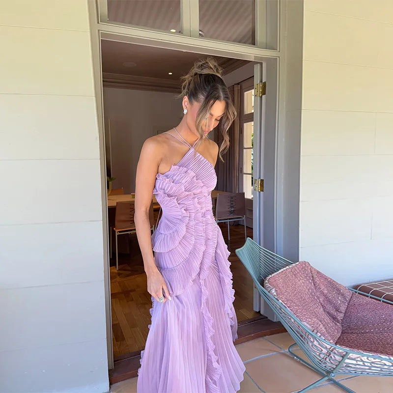 Elegant Purple Halter A Line Prom Gowns Ruffles Tiered Backless.