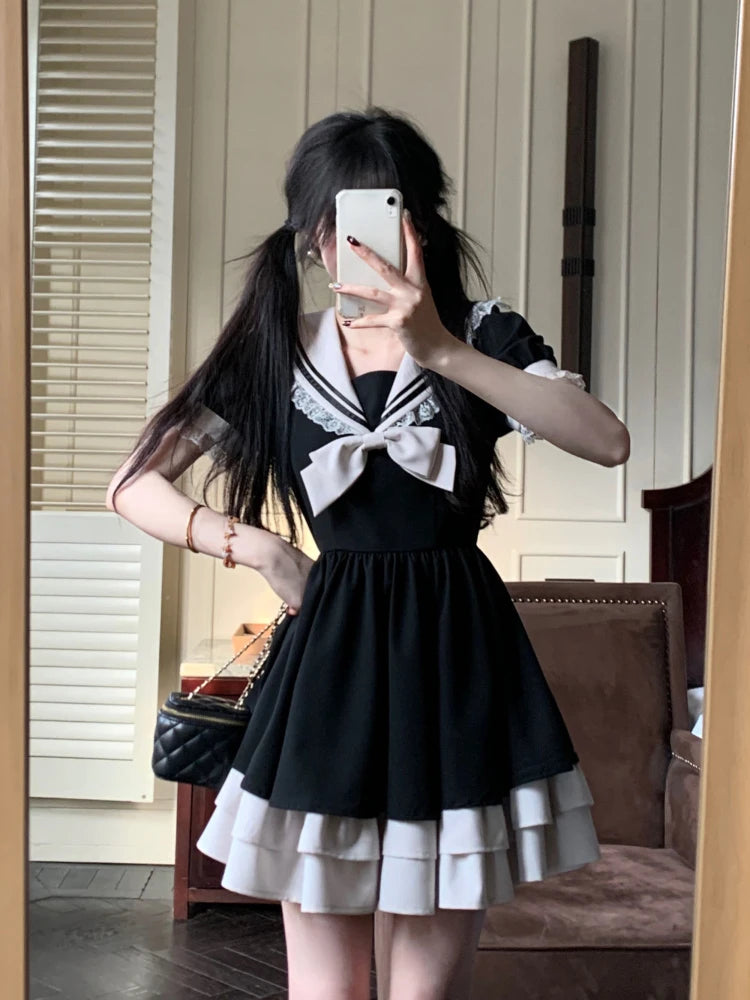 Sweet Bow Black Plaid Dresses