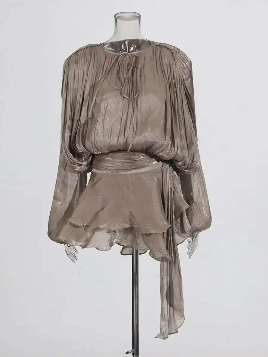 TWOTWINSTYLE Solid Blouse Mini Dresses For Women V Neck Long Sleeve Spliced Lace Up.