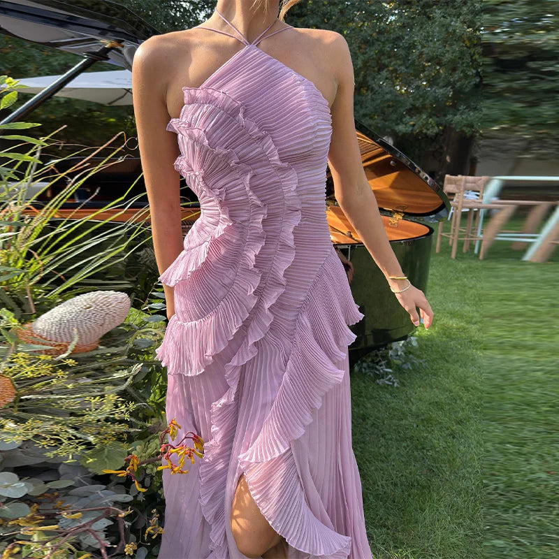 Elegant Purple Halter A Line Prom Gowns Ruffles Tiered Backless.
