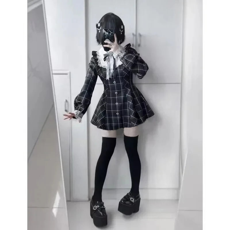 Sweet Bow Black Plaid Dresses