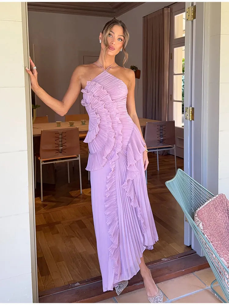 Elegant Purple Halter A Line Prom Gowns Ruffles Tiered Backless.