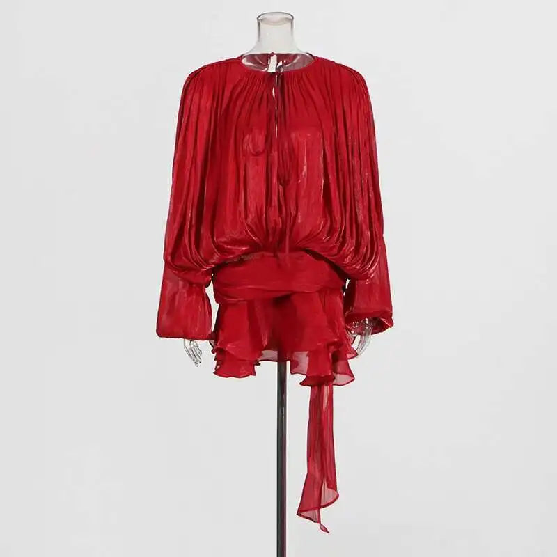 TWOTWINSTYLE Solid Blouse Mini Dresses For Women V Neck Long Sleeve Spliced Lace Up.