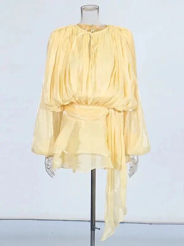 TWOTWINSTYLE Solid Blouse Mini Dresses For Women V Neck Long Sleeve Spliced Lace Up.