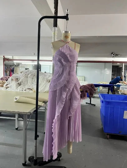 Elegant Purple Halter A Line Prom Gowns Ruffles Tiered Backless.