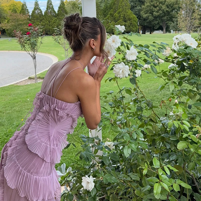 Elegant Purple Halter A Line Prom Gowns Ruffles Tiered Backless.