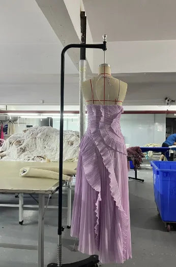 Elegant Purple Halter A Line Prom Gowns Ruffles Tiered Backless.
