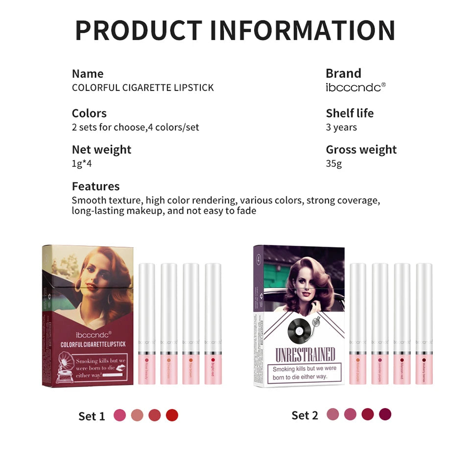 4 pcs/set Cigarette Lipstick Set Long Lasting Lip Glaze Matte Lip Gloss Waterproof.