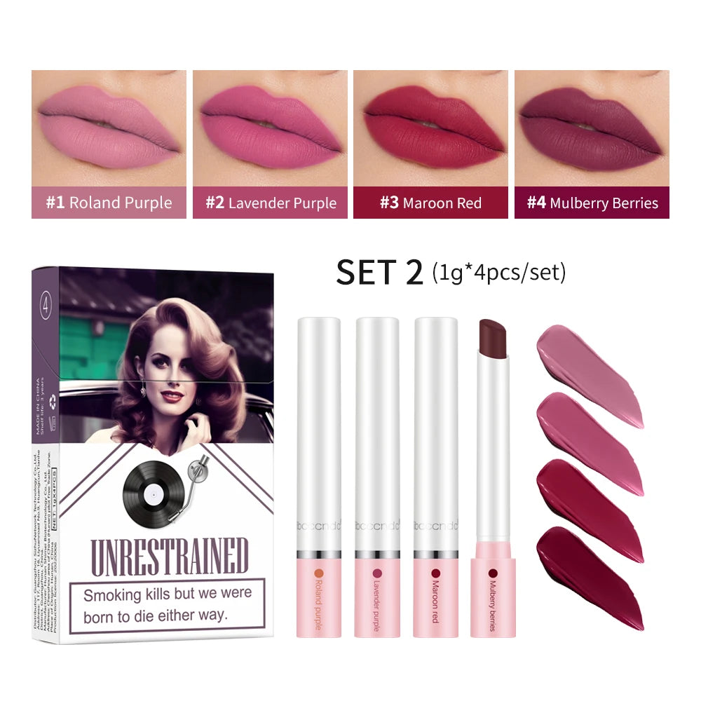 4 pcs/set Cigarette Lipstick Set Long Lasting Lip Glaze Matte Lip Gloss Waterproof.