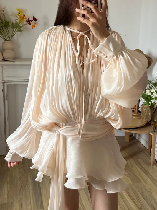 TWOTWINSTYLE Solid Blouse Mini Dresses For Women V Neck Long Sleeve Spliced Lace Up.