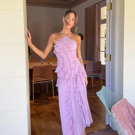 Elegant Purple Halter A Line Prom Gowns Ruffles Tiered Backless.