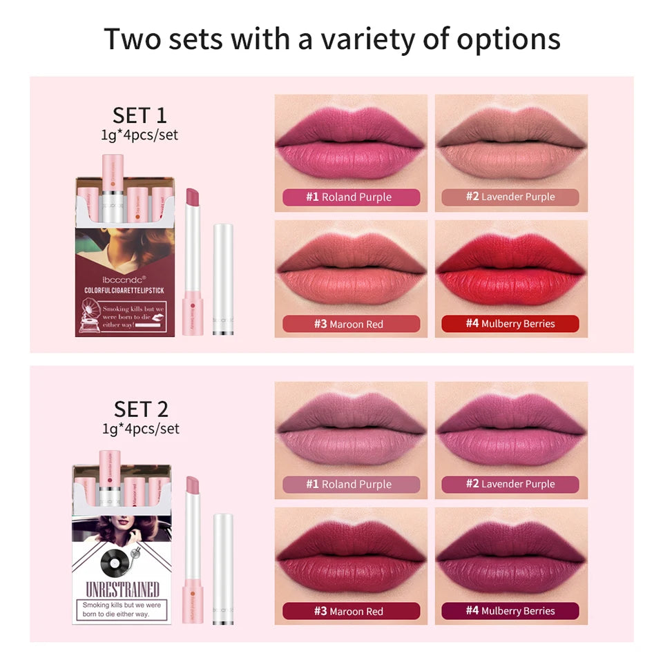 4 pcs/set Cigarette Lipstick Set Long Lasting Lip Glaze Matte Lip Gloss Waterproof.